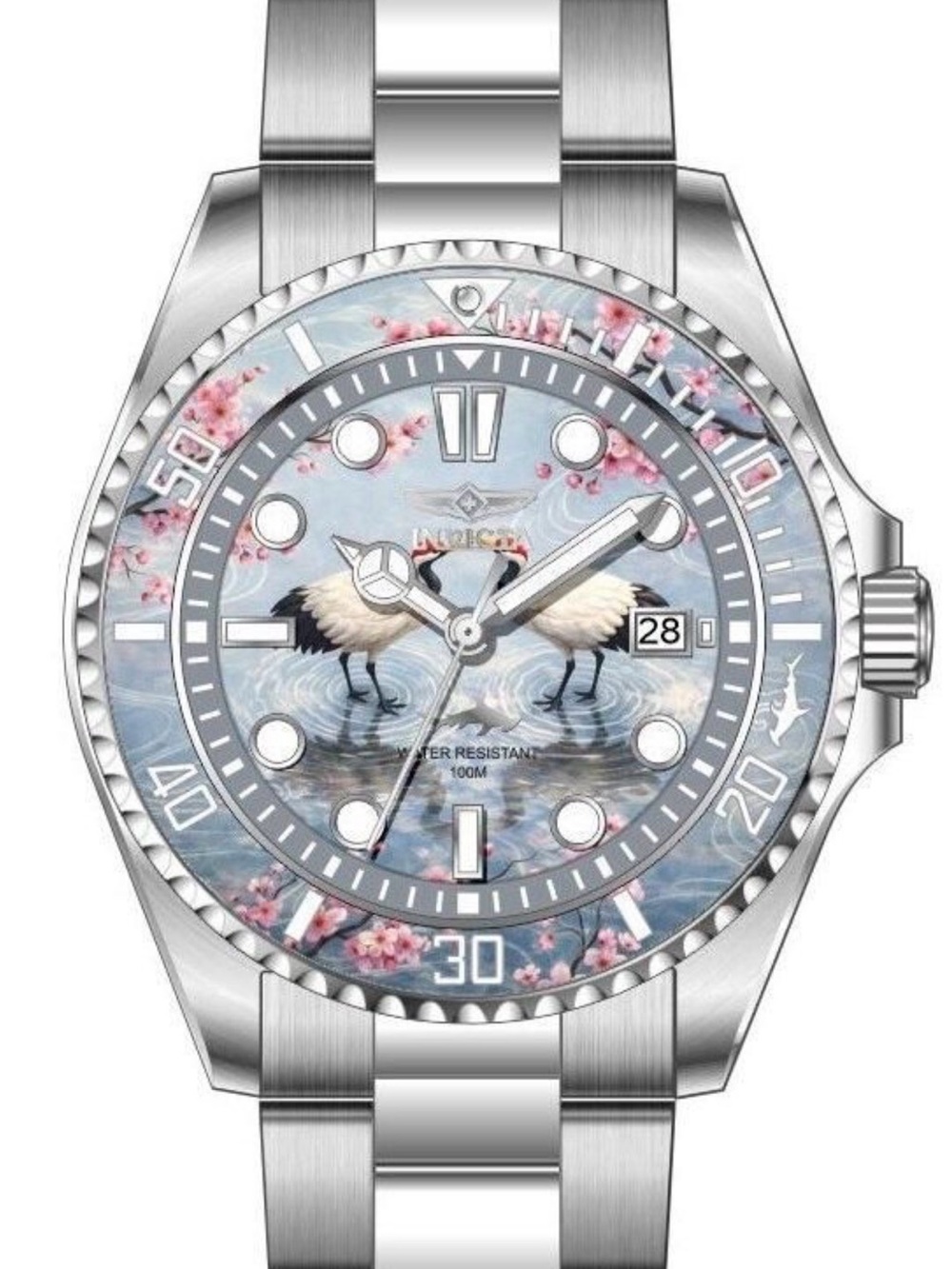 Invicta Men’s Silver Watch with Blue Floral Crane Dial